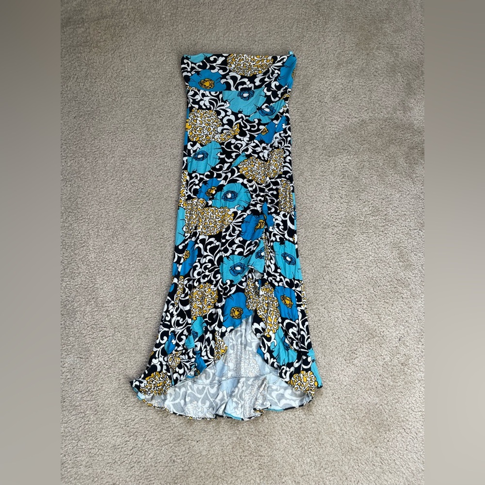 Marciano Blue Floral tube top High-Low Midi dress with Gold Accents
